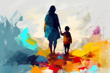 Mother and son walking in abstract background. Vector illustration for your designの素材