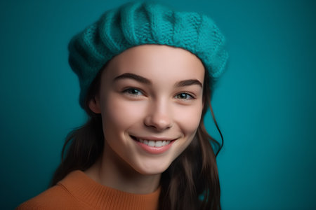 Portrait of a beautiful girl in a knitted hat on a blue backgroundの素材
