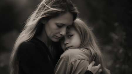 Mother and daughter hugging in the park. Black and white photo.の素材