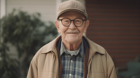 Portrait of an old man with eyeglasses and cap.の素材