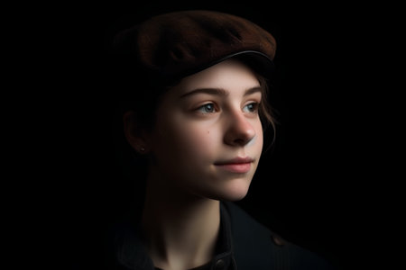 Portrait of a beautiful girl in a cap on a black backgroundの素材