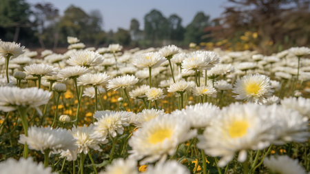 White chrysanthemum flowers in a field in autumn.の素材