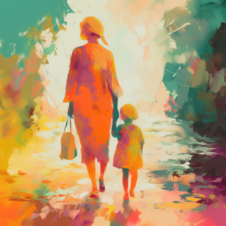 Mother and daughter walking in the autumn park. Colorful illustration.の素材