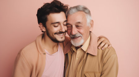 happy senior father and son hugging and smiling at camera isolated on pinkの素材