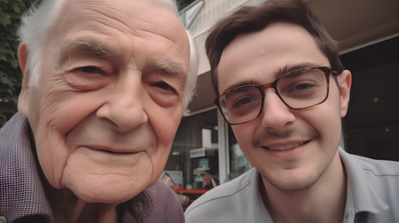 Two senior men in glasses. Close-up portrait of an old couple.の素材
