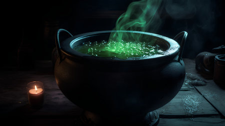 Pot of boiling green potion on dark background. Witchcraft concept.の素材