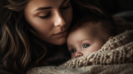 Beautiful young mother with her cute little daughter lying in bed.の素材