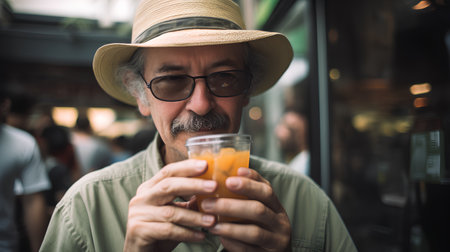 Senior man drinking a glass of orange juice in the city streets.の素材