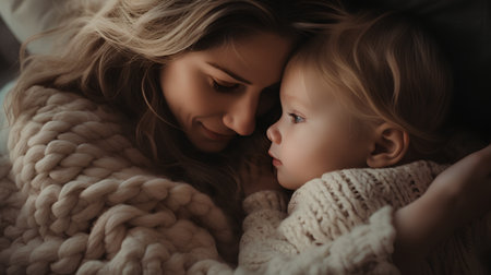 Beautiful young mother and her adorable little daughter are hugging and smiling while lying on sofa at homeの素材