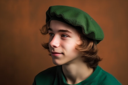 Portrait of a young man in a beret and green sweaterの素材