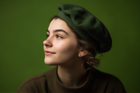 Portrait of a beautiful girl in a beret on a green backgroundの素材