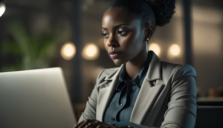 Portrait of a beautiful african american businesswoman using laptop at nightの素材