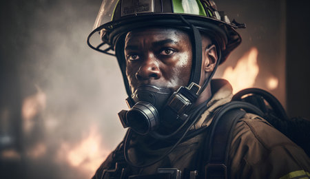 Portrait of a fireman wearing a gas mask in the fireの素材