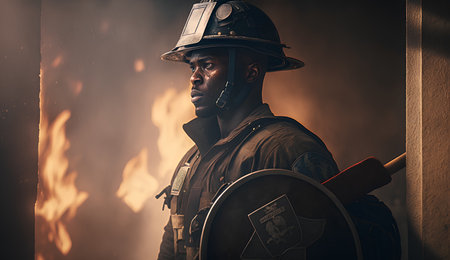Portrait of a fireman in uniform standing in the fire.の素材