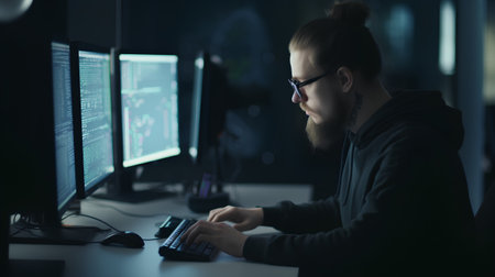 Programmer working on a computer late at night in a dark officeの素材