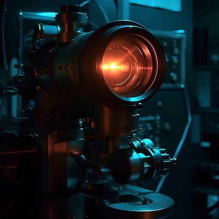 A closeup shot of a movie projector with a red light in itの素材