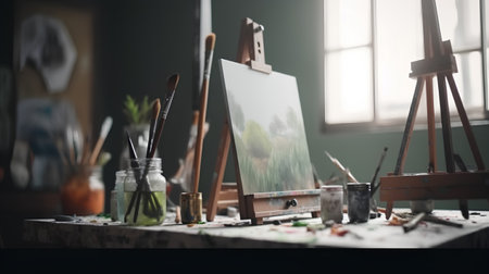 Artistic still life with paintbrushes, palette and easelの素材