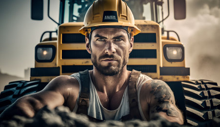 Portrait of a brutal worker in a hard hat and construction equipment.の素材