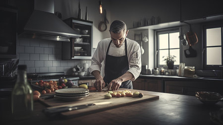 Mature man cutting vegetables in the kitchen while preparing a healthy mealの素材
