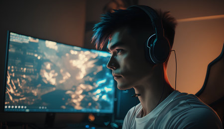 Portrait of a young man with headphones playing video games at homeの素材