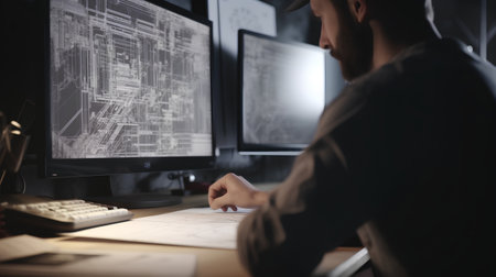 Engineer working on computer at night in office. Construction and architecture conceptの素材