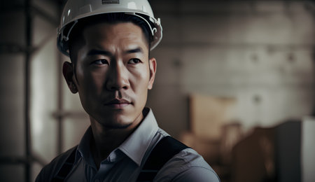 Portrait of young Asian male worker wearing safety helmet in warehouse.の素材
