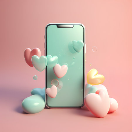 Smartphone with hearts on pink background. 3d rendering. Valentine's day concept.の素材