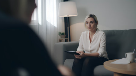 Young woman sitting on sofa in living room and talking to psychotherapistの素材