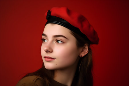 Portrait of a beautiful girl in a beret on a red backgroundの素材
