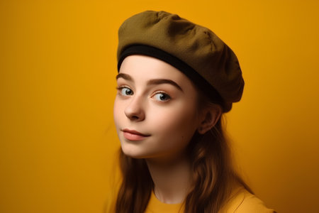 Portrait of a beautiful girl in a beret on a yellow backgroundの素材