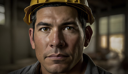 Portrait of a construction worker wearing a hard hat and looking at the cameraの素材