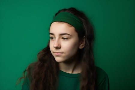 Portrait of beautiful young woman with green bandage on her headの素材