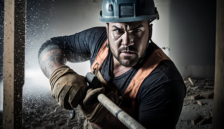 portrait of a worker at a construction site with a hammer in his handの素材