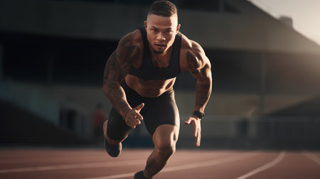 Athletic man running on athletic track in sportswearの素材