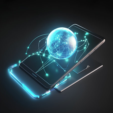 Smartphone with globe and connections on dark background. 3D renderingの素材