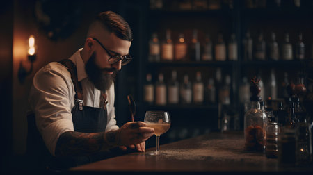 Handsome bearded bartender is making a cocktail at the bar counter.の素材