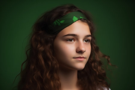 Beautiful young woman with green shamrock headband on her headの素材