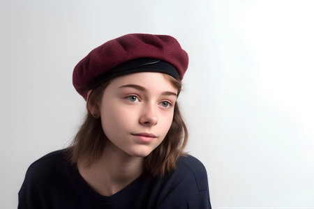Portrait of a beautiful girl in a beret on a gray backgroundの素材