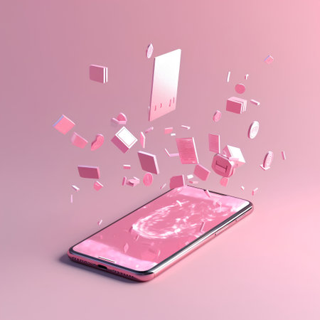 Smartphone with pink screen and flying pink cubes. 3D renderingの素材