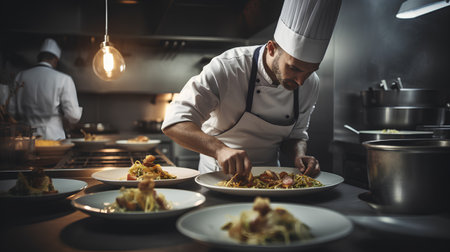Chef in restaurant kitchen preparing and decorating food. Professional chef cook decorating dish.の素材