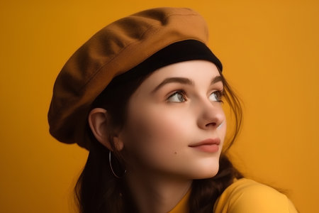 Portrait of a beautiful girl in a beret on a yellow backgroundの素材