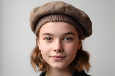 Portrait of a cute little girl in a beret on a gray backgroundの素材