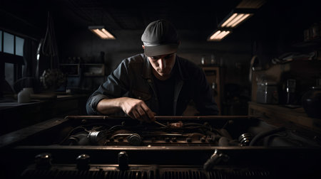 Auto mechanic working in auto repair shop. Car mechanic repairing a car.の素材