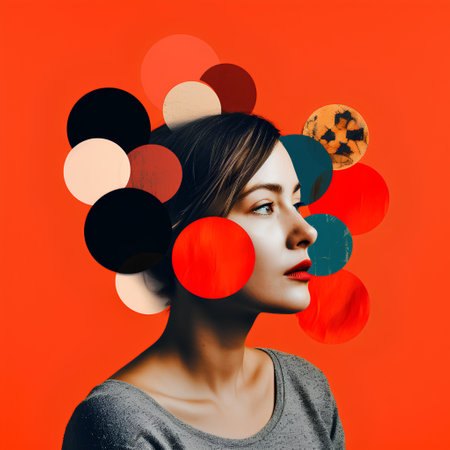 Young woman with colorful circles on her head. Human emotions, facial expression conceptの素材