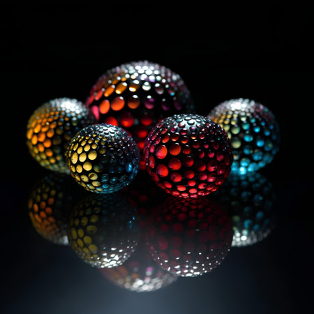 Colorful Christmas balls on a black background with reflection and copy spaceの素材