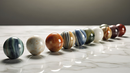 Easter eggs in a row on white marble background with copy spaceの素材