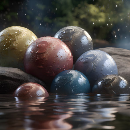 Colorful easter eggs in water, 3d render illustration.の素材