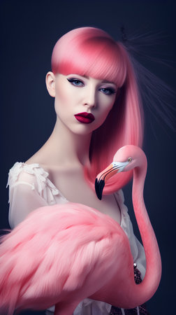 Beautiful girl with pink hair and flamingo. Fashion portrait.の素材