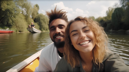 Happy young couple in a boat on a lake in a summer dayの素材