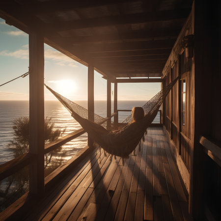 Hammock on a wooden terrace overlooking the sea at sunsetの素材